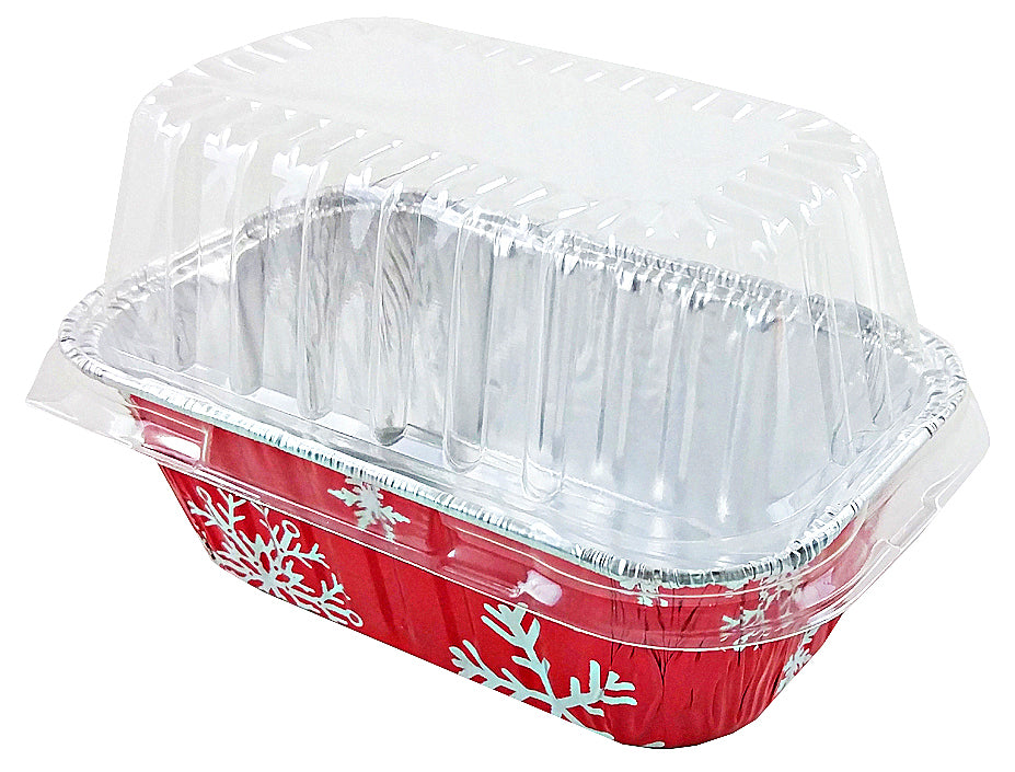 1 lb. Red Holiday Christmas Snowflake Aluminum Foil Small Mini Loaf / Bread  Baking Pans with Clear Dome Lids (Pack of 6 Sets)