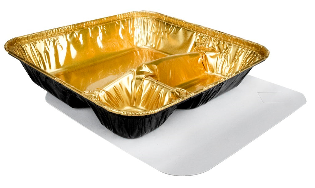 3 lb. Medium Black and Gold Entrée Foil Pan w/Clear Dome Lid 10/PK